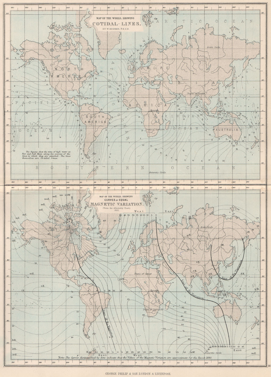 WORLD.Cotidal lines;curves of equal Magnetic variation(Admiralty chart) 1886 map